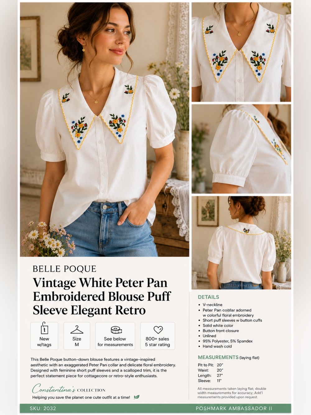 BELLE POQUE Vintage White Peter Pan Embroidered Blouse Puff Sleeve Elegant Retro - Picture 2 of 16